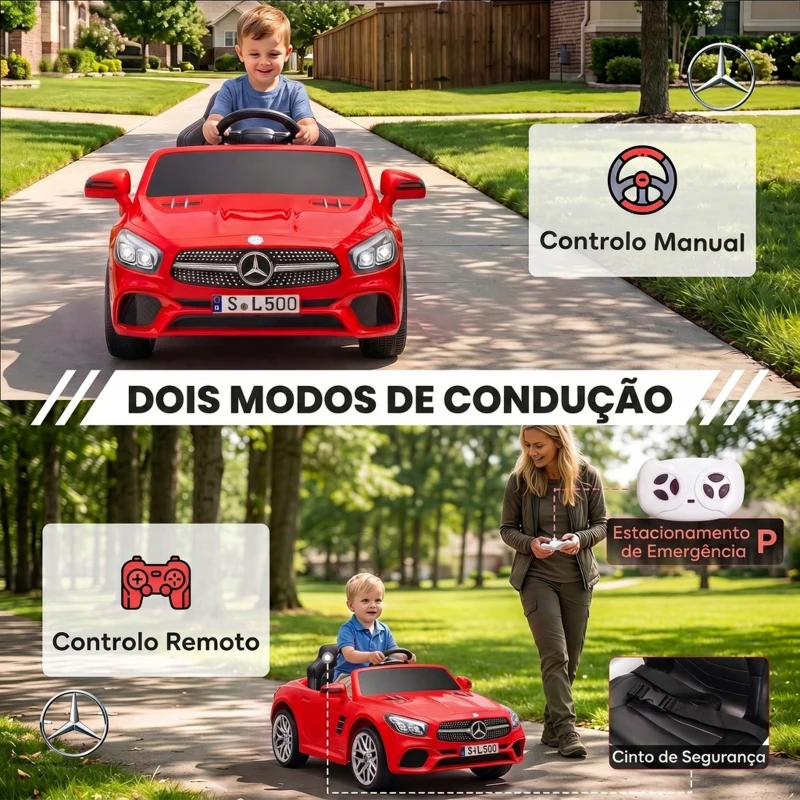 AIYAPLAY Carro Elétrico Infantil Mercedes-Benz SL500 12V Vermelho com Comando à Distância, 2 Motores e Suspensão