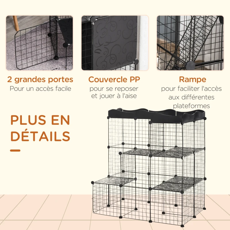 PawHut Cage parc enclos pour petits animaux chats lapins modulable 3 niveaux 2 portes rampe fil métallique 105 x 70 x 116 cm noir