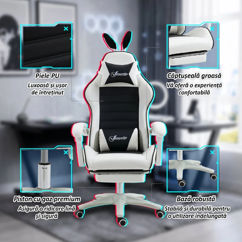 Vinsetto Scaun Gaming cu Urechi de Iepuraș, Suport pentru Picioare, Perne, Reclinabil și cu Înălțime Reglabilă, Negru