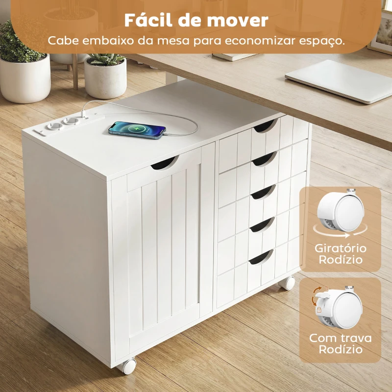 HOMCOM Móvel para Impressora com Estação de Carga e Rodas 5 Gavetas Portas USB Prateleira Ajustável Branco
