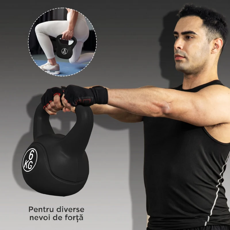 HOMCOM Kettlebell 6kg din plastic și nisip cu bază plată și mâner, 20x13x22 cm, negru