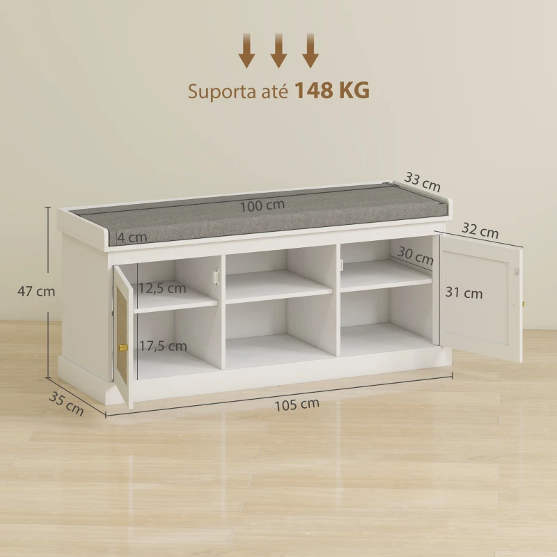 HOMCOM Banco Sapateira com Assento Acolchoado Portas em Vime e Prateleira Aberta para 9 Pares de Sapatos 105x35x47 cm Branco