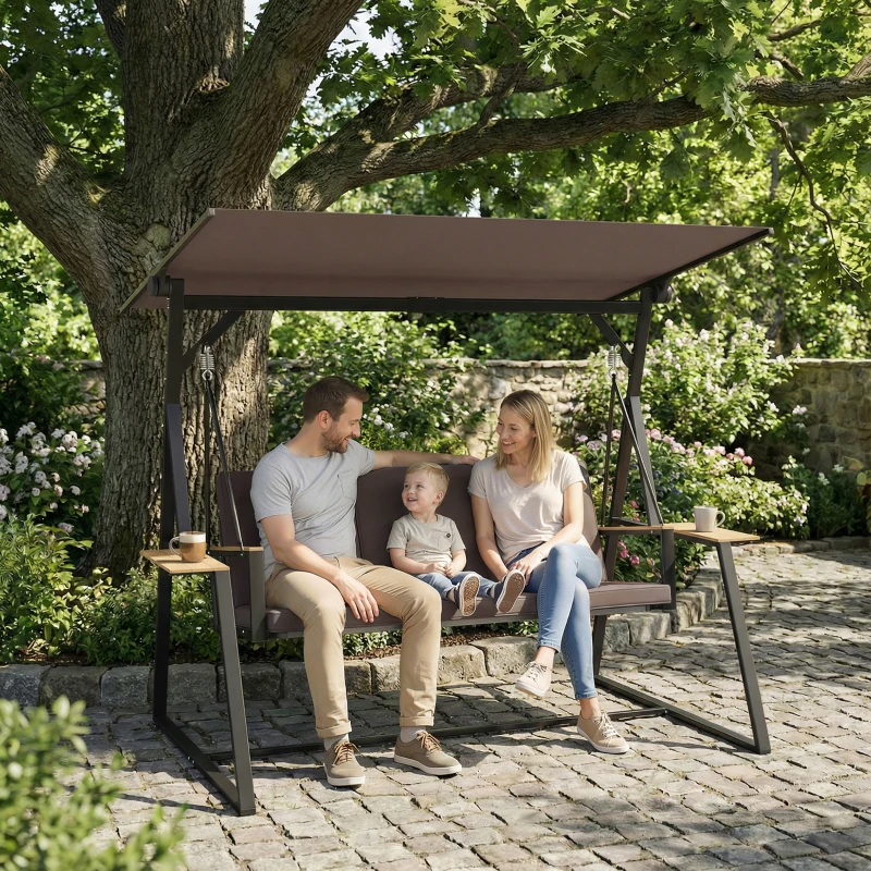 Outsunny Baloiço de Jardim de 3 Lugares com Teto Ajustável UPF50+ 2 Bandejas Almofadas e Estrutura em Metal 222x131x175 cm Marrom