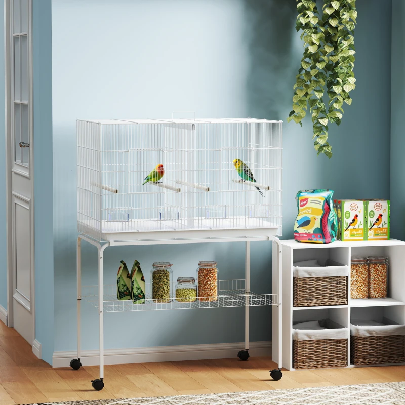 PawHut Gaiola para Pássaros com Divisória Rodas Gaiola para Aves com Comedouros Poleiros e Bandeja Removível 94x57x128 cm Branco
