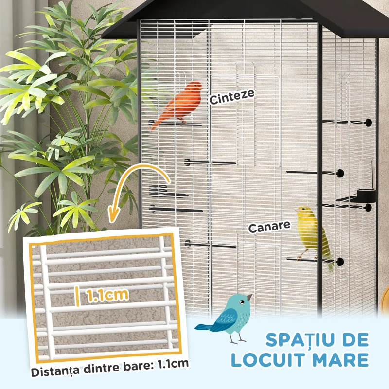 PawHut Colivie pentru păsări cu roți și tavă detașabilă, volieră înaltă de 155 cm, cu stinghii și hrănitoare, neagră