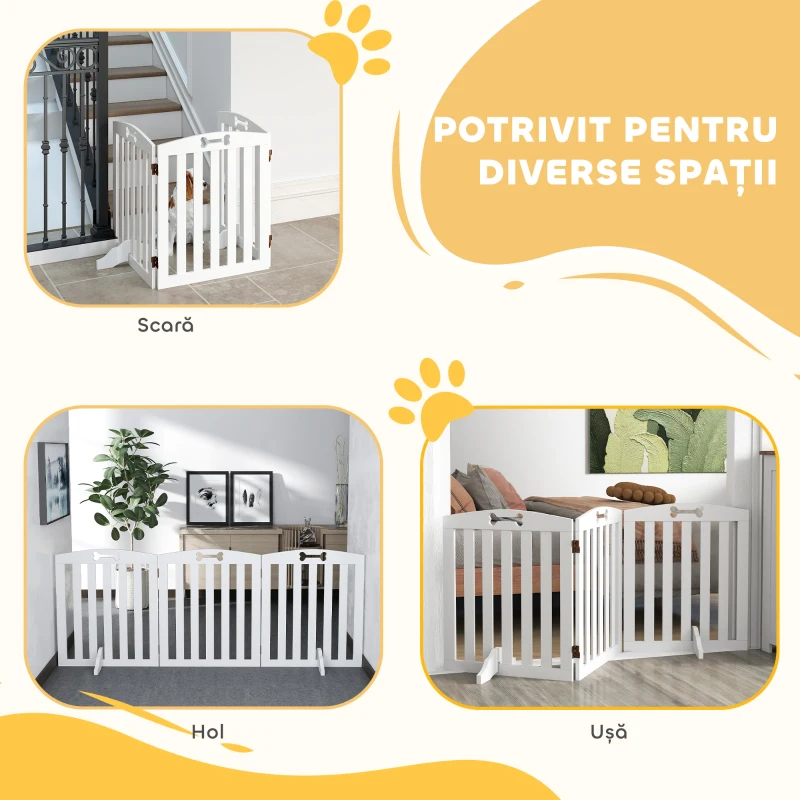 PawHut Poartă pliabilă pentru câini cu 3 panouri și 2 suporturi, din lemn alb, 155x30x61 cm