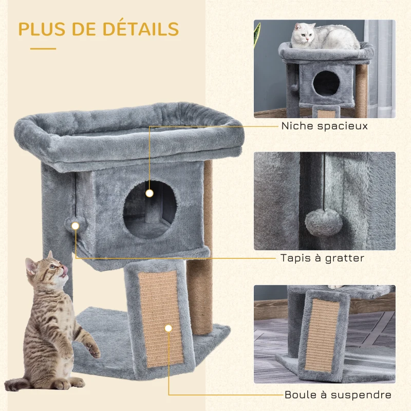 PawHut Arbre à chat hauteur de 57 cm avec griffoir en jute, niche, plateforme et balle de jeu, en tissu peluche gris clair