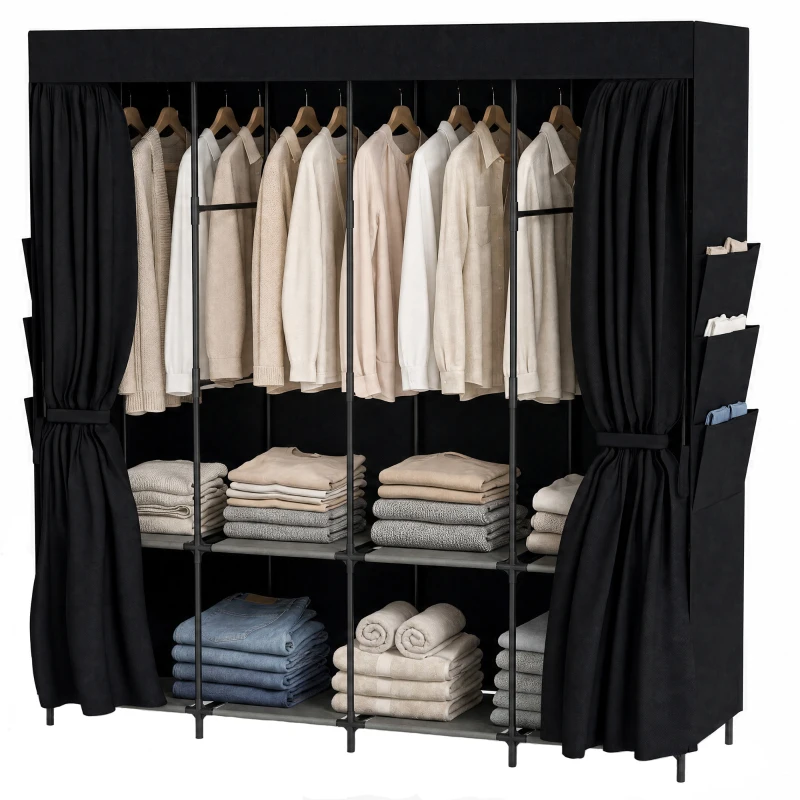 HOMCOM Armadio in Tessuto Salvaspazio con 5 Aste, 4 Ripiani, 6 Tasche Laterali, 170x45x167 cm, Nero