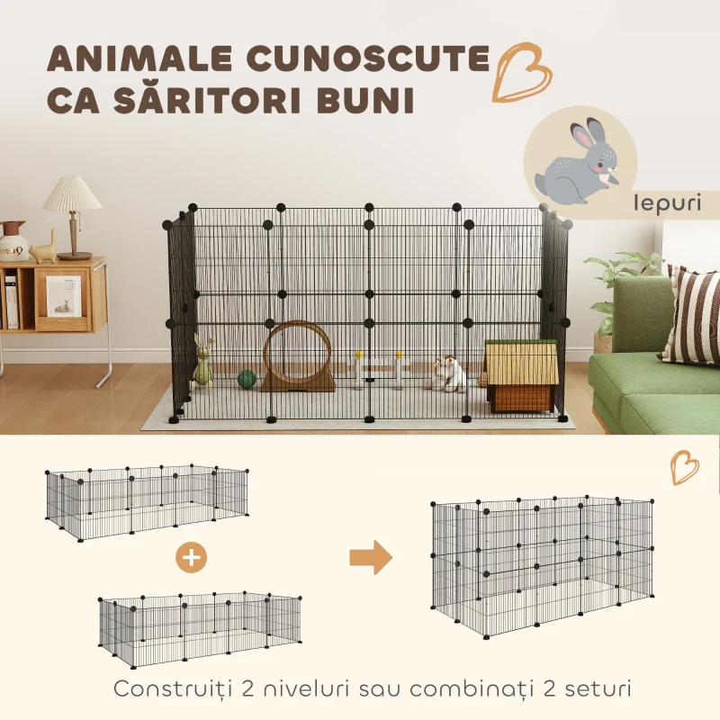 PawHut Țarc modular pentru animale cu 12 panouri de 35x35 cm și margini rotunjite, din metal și ABS, 140x70x35 cm, negru