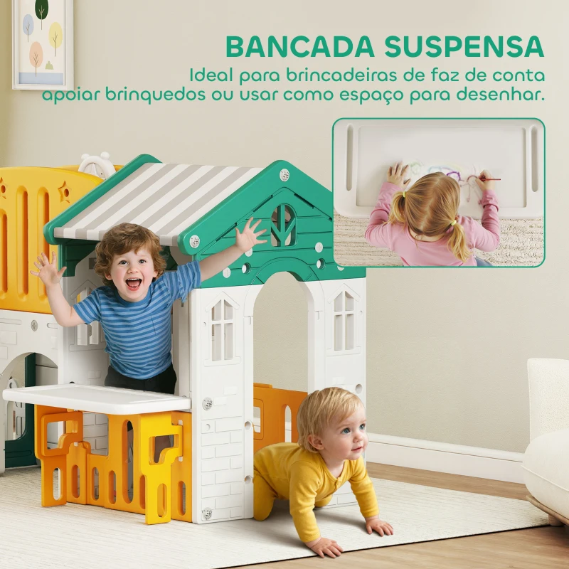 AIYAPLAY Escorrega Infantil 7 em 1 com Casinha para Crianças com Aro de Basquetebol Túnel Quadro Telescópio 189x180x111 cm Amarelo e Verde