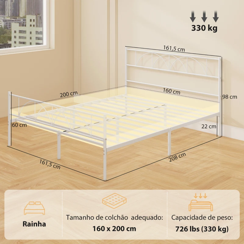 HOMCOM Cama de Casal com Cabeceira de Ripas de Aço e Espaço de Arrumação Debaixo da Cama Carga 330 kg 161,5x208x98 cm Branca