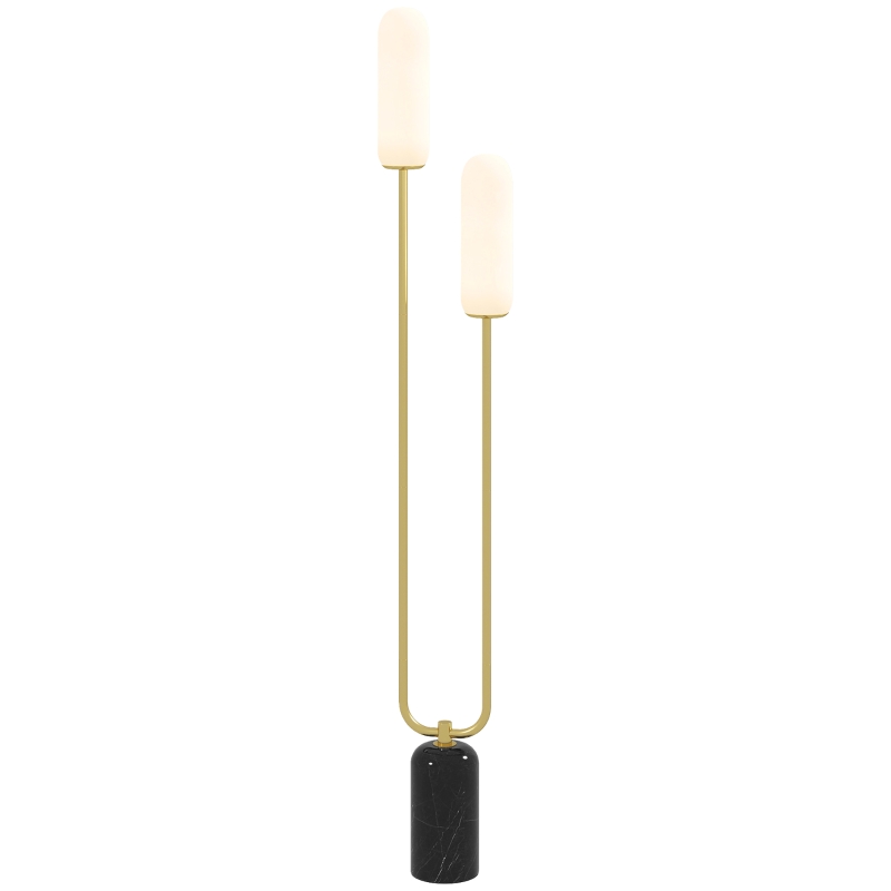 HOMCOM Lampadar în formă de U cu 2 Lumini și Întrerupător de Picior, Lampă de Podea din Sticlă și Oțel cu Bază de Marmură, 26x12x150 cm, Alb Negru și Auriu