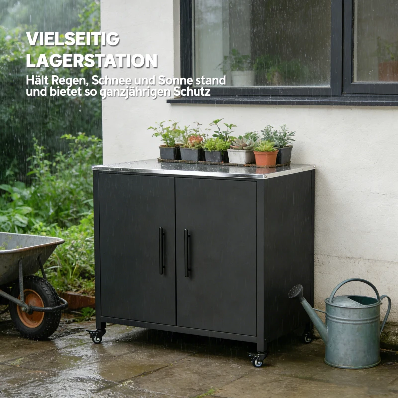 Outsunny Gartenschrank mit Pflanztisch Geräteschuppen mit Edelstahl Arbeitsplatte abnehmbar Regal magnetisch Doppeltür Rolle