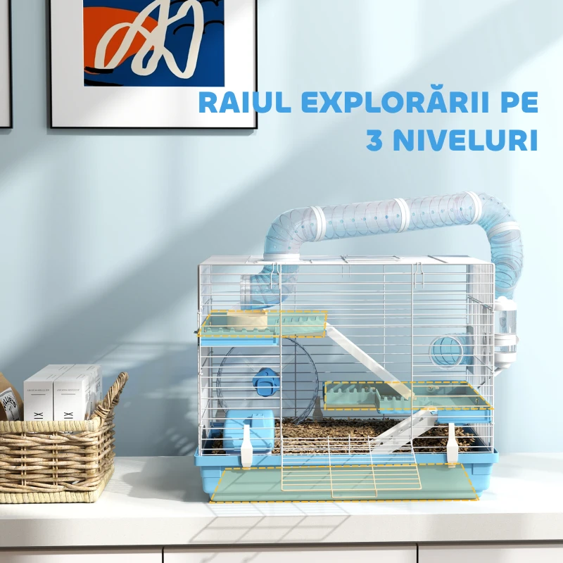 PawHut Cușcă pentru Hamsteri cu 3 Etaje, Căsuță, Roată, Bol pentru Mâncare, Sticluță și Tuburi, Albastru