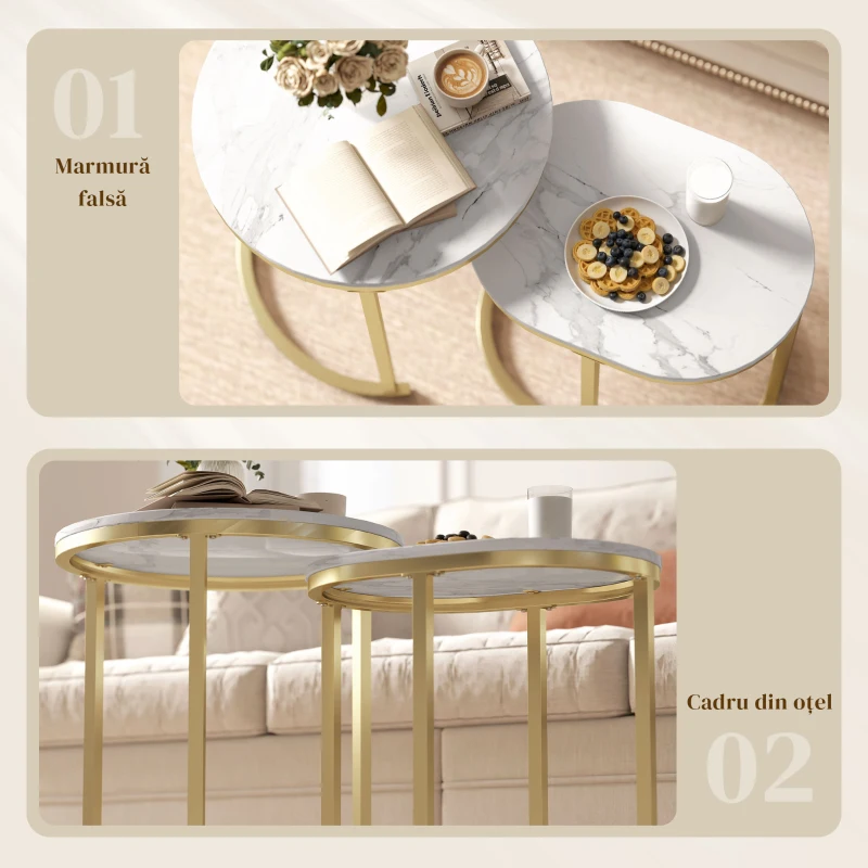 HOMCOM Set de 2 mese de cafea cu blat cu efect de marmură, din lemn și oțel, Ø50x50,5 cm și 60x36x43,5 cm, Alb