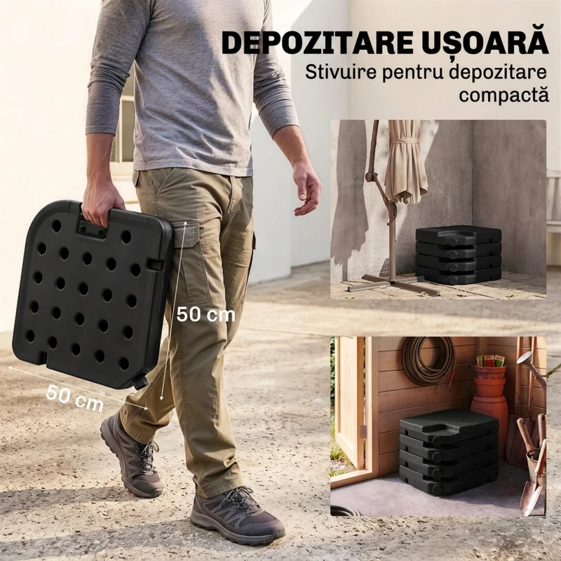 Outsunny Bază pentru Umbrelă, Set 4 Bucăți din HDPE, Umplută cu Apă sau Nisip, 104x104x7.5 cm, Neagră