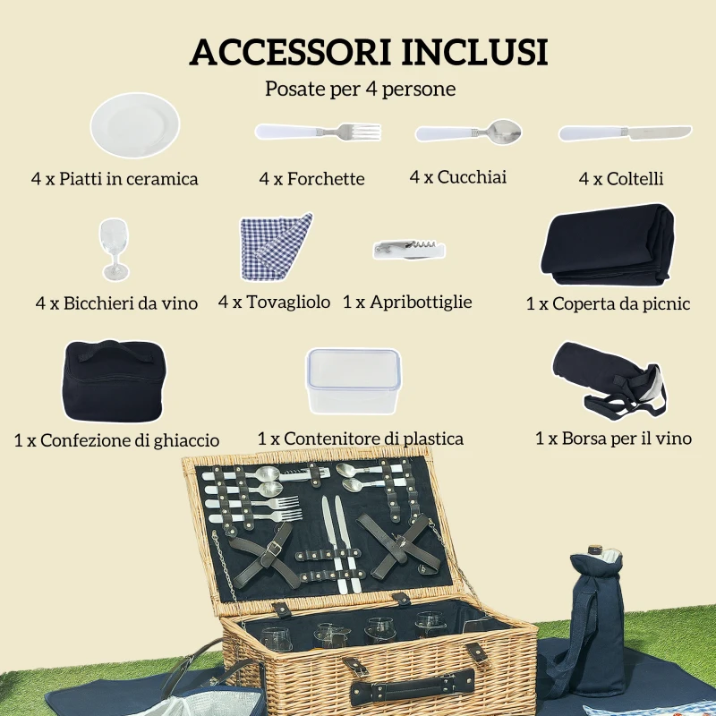 Outsunny Cesta da Pic Nic per 4 Persone con Area Frigo e Accessori, in Vimini, 54x34x20 cm, color Legno