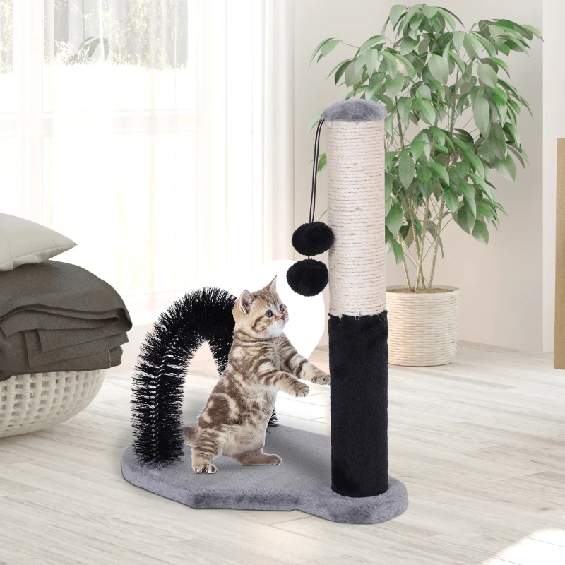 PawHut Katzenkratzbaum Kratzbaum Kratzsäule Kratzspielzeug mit Bällen Massagebogen Holz + Sisal + Plüsch Schwarz + Grau + Beige 48 x 30 x 52 cm