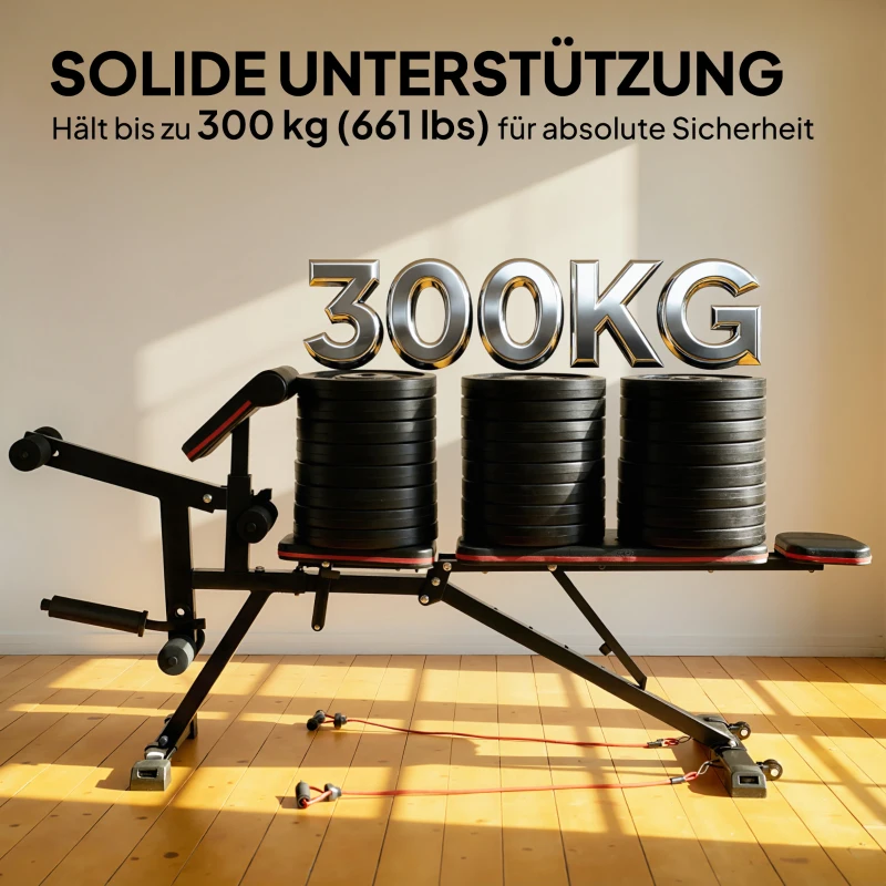 SPORTNOW Hantelbank verstellbar bis 300 kg 3 in 1 Trainingsbank mit Rollen Beinstrecker Curlpult Kopfstütze Widerstandsbändern