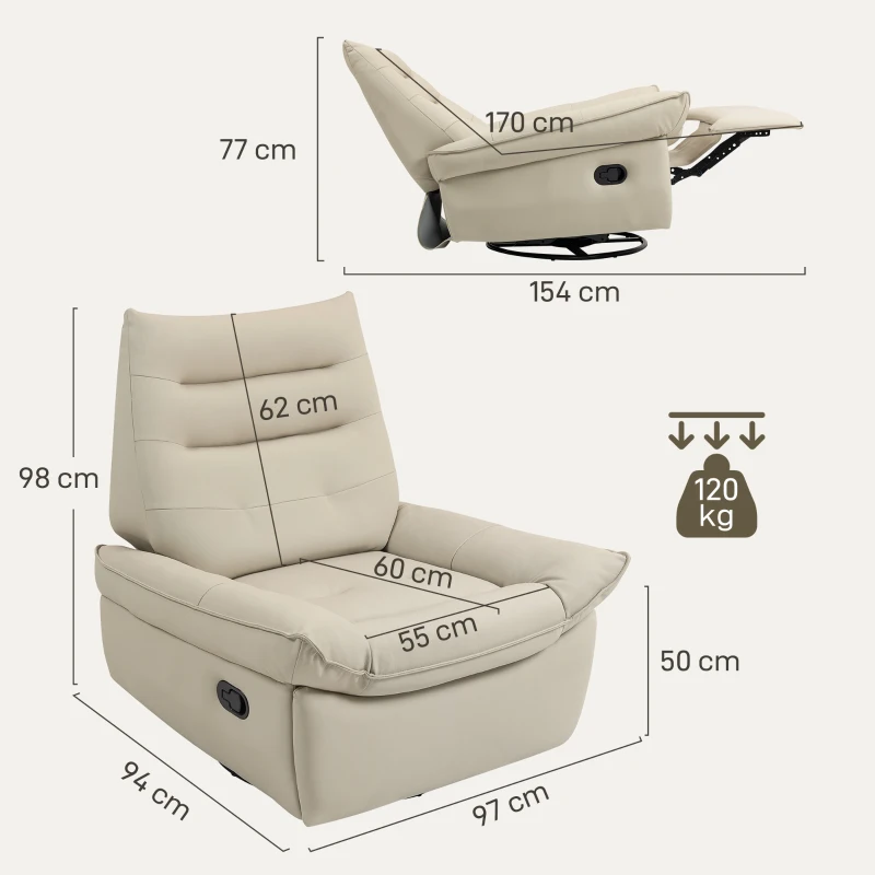 HOMCOM Poltrona Relax Reclinável Manual Giratória Função Baloiço Estofada em PU Reclinável até 135º 97x94x98 cm Creme