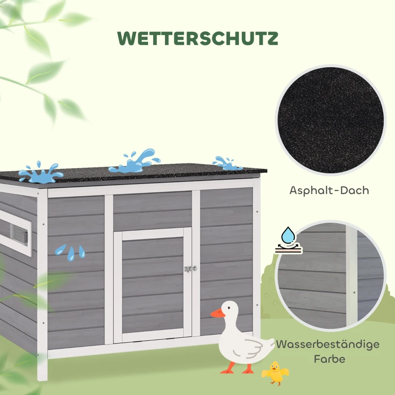 PawHut Entenstall wetterfest Entenhaus aus Holz mit herausnehmbar Boden Schiebefenster aufklappbar Asphaltdach 93x70x72cm Grau