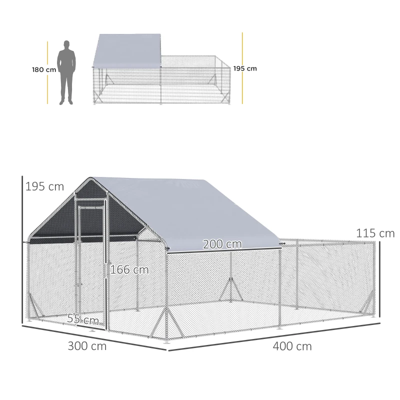 PawHut Enclos poulailler chenil volière extérieur 12 m² - parc grillagé dim. 4L x 3l x 2H m - espace couvert - acier galvanisé