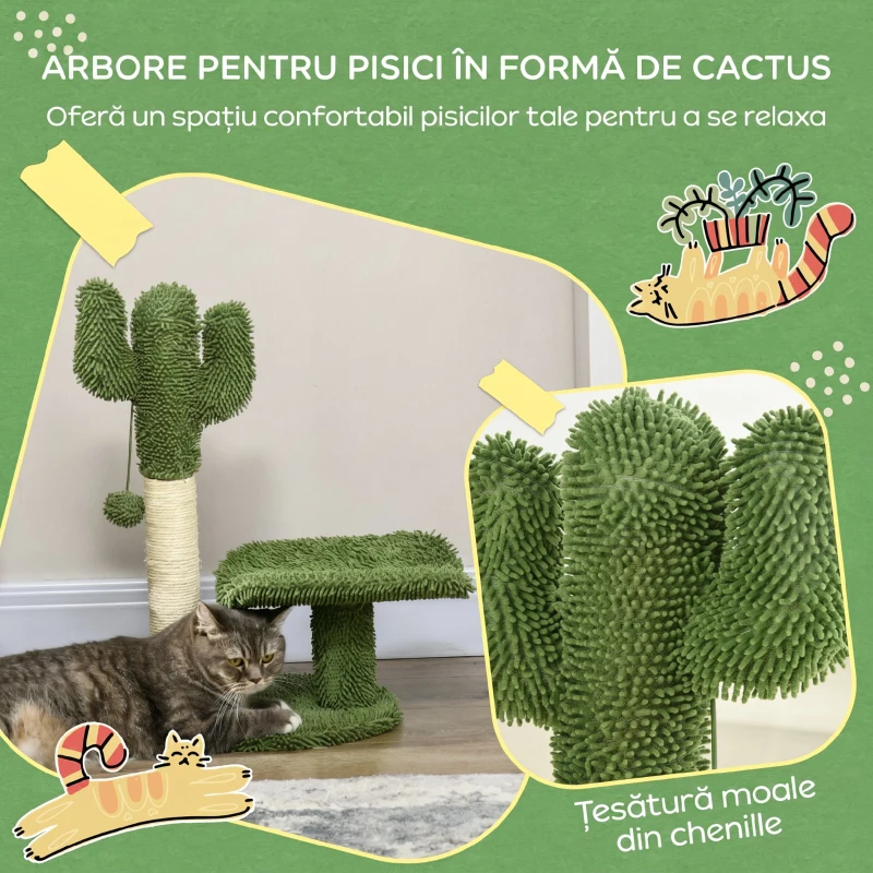 PawHut Arbore pentru Pisici în Formă de Cactus cu Stâlp de Scrijelit și Mingiuță de Joacă, 35x31x55,5 cm, Verde și Alb