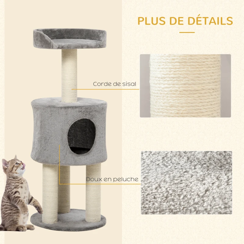 PawHut Arbre à chat griffoirs grattoirs sisal naturel arbre à grimper niche plate-forme en peluche hauteur 103 cm gris