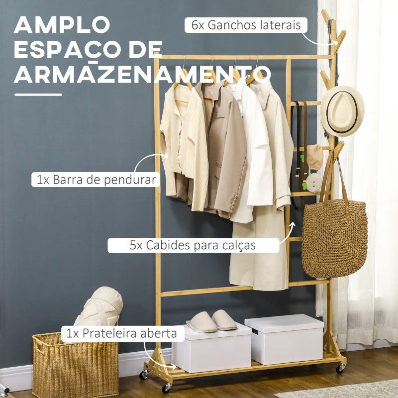HOMCOM Suporte para Cabides de Bambu com Rodas Porta Cabides Multifuncional com 6 Ganchos Barra e Prateleira 100x37x191 cm Madeira
