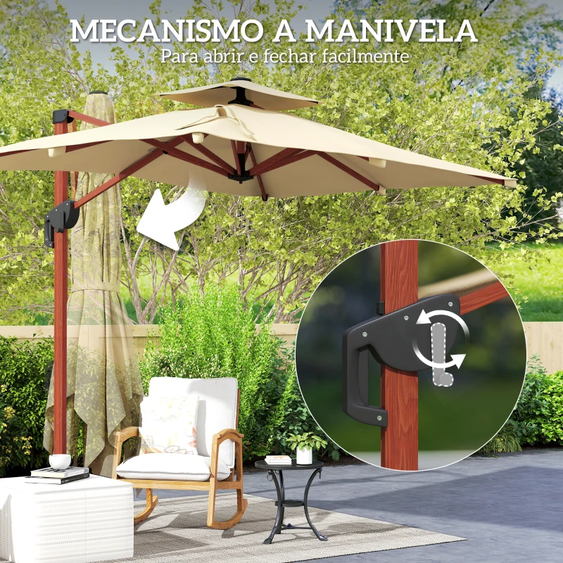 Outsunny Chapéu de Sol Excêntrico 300x198x252 cm com Manivela Inclinação Ajustável Duplo Teto e Base Cruzada Giratória 360° Caqui