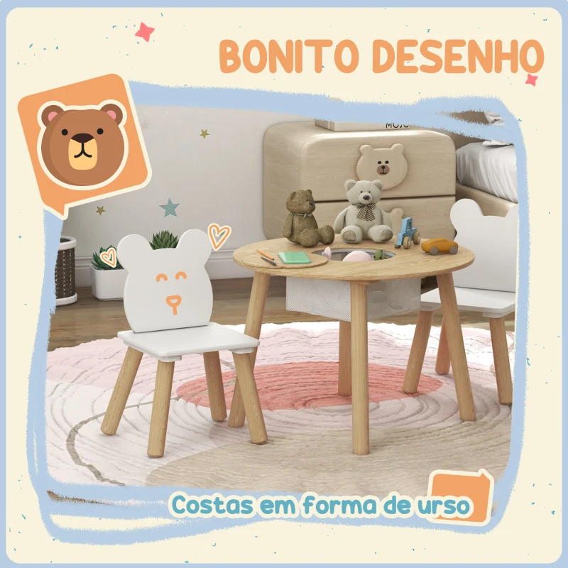 AIYAPLAY Mesa Infantil com 2 Cadeiras com Espaço de Arrumação para Crianças de 3-6 Anos para Sala de Jogos Dormitório Madeira e Branco
