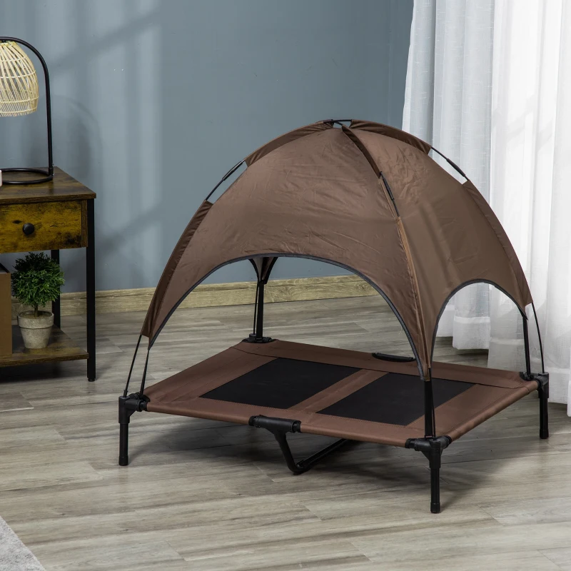 PawHut Erhöhtes Hundebett mit Baldachin, Haustierbett, Hundeliege outdoor mit Dach, Atmungsaktiv, Taftstoff für Camping Kaffee 92 x 76 x 90 cm