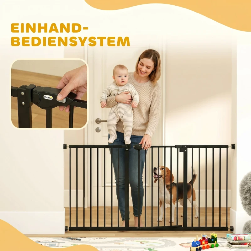 PawHut Türschutzgitter Treppenschutzgitter mit 17,5/20,3/30,5 cm Verlängerung Türgitter ohne Bohren mit Auto-Close für Breiten 74-147,5 cm Beidseitig Schwenkbar Metall Schwarz