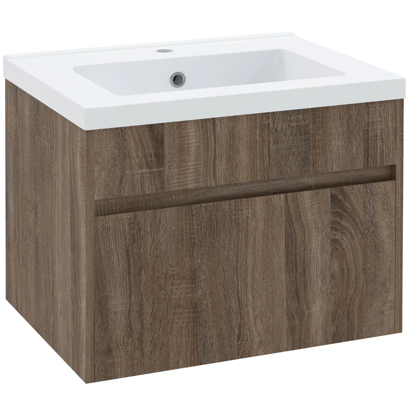kleankin Dulap pentru chiuvetă de 60cm cu sertar din lemn și lavoar din ceramică, maro deschis
