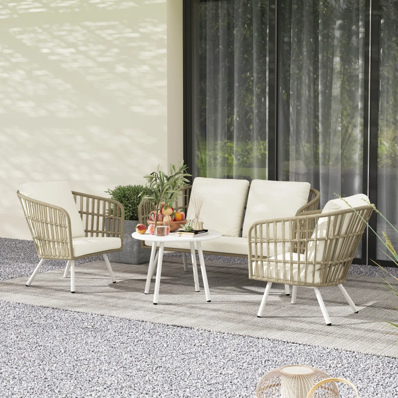Outsunny Gartenmöbel Set aus Polyrattan Lounge-Set mit 2er Sofa Sessel Tisch Kissen wetterfest für 4 Personen Khaki