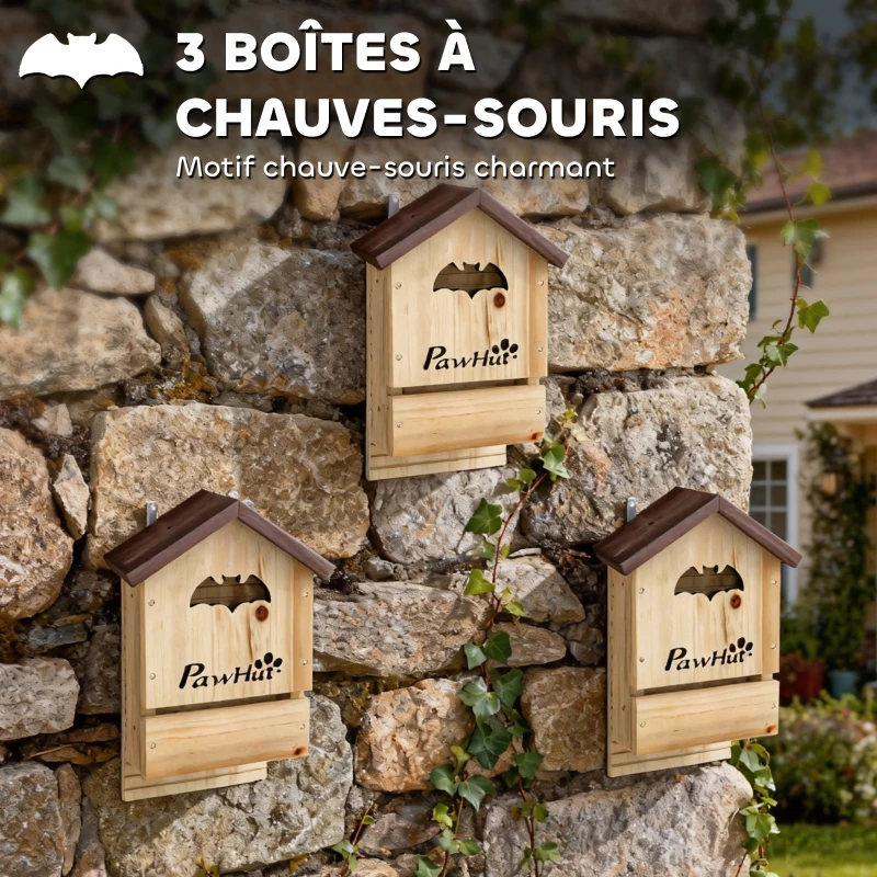 PawHut Lot de 3 Nichoirs Chauve Souris en Bois abri à chauves-souris 23 x 9,5 x 36,5 cm effet bois naturel