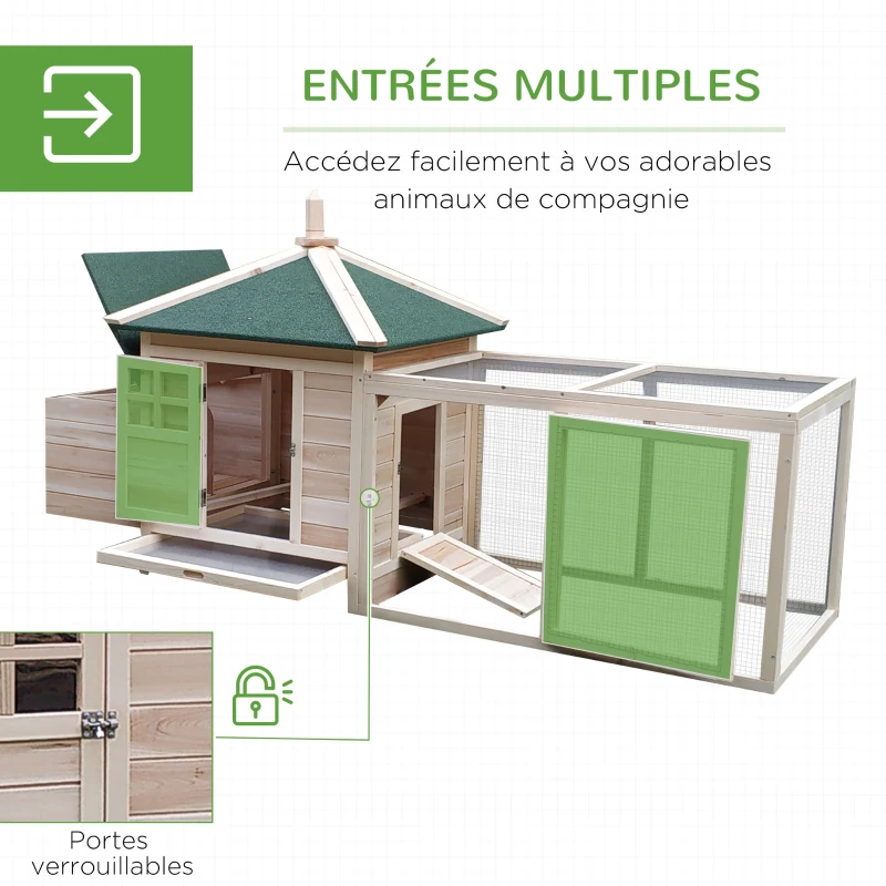 PawHut Poulailler cottage multi-équipement perchoir rampe pondoir enclos tiroir à déjection 196L x 76l x 97H cm bois massif pin