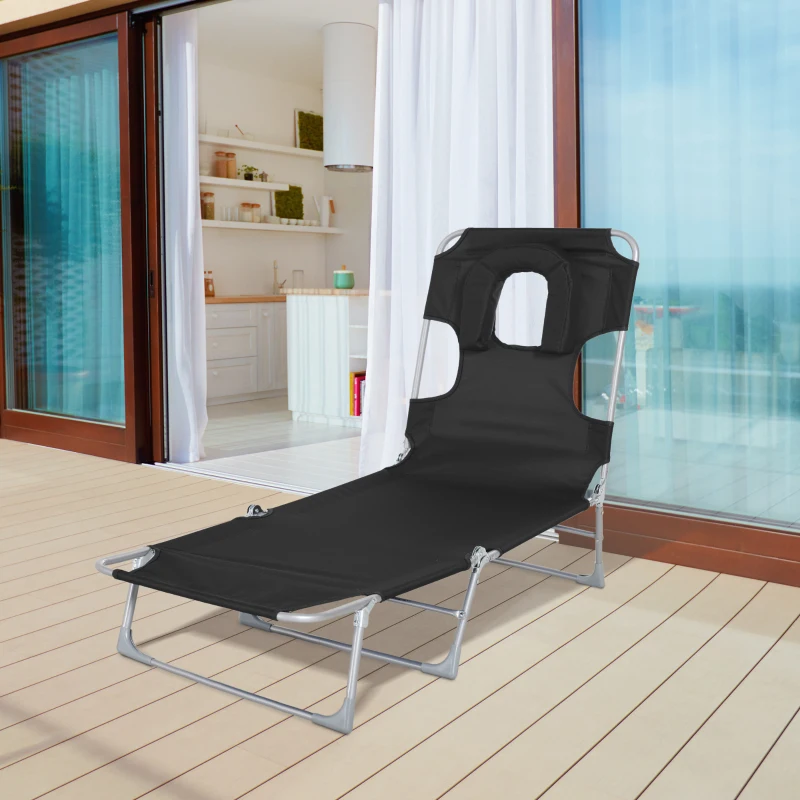 Outsunny Espreguiçadeira de Jardim Reclinável e Dobrável com Orifício de Leitura Apoio para Cabeça e Encosto Ajustável em 4 Níveis para Praia 182x56x24,5 cm Preto