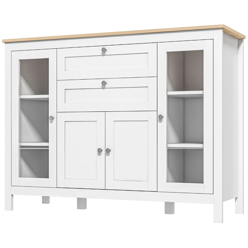 HOMCOM Mobilier de Bucătărie cu 2 Sertare și 3 Dulapuri, Uși din Sticlă și Rafturi Ajustabile, 120x40x90 cm, Alb și Stejar