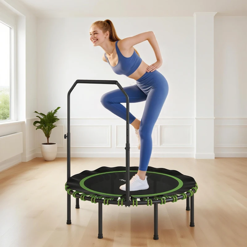 SPORTNOW Fitness-Trampolin mit verstellbarem Handlauf, Sport-Trampolin für drinnen und draußen, Stahl, Kunststoff, Grün