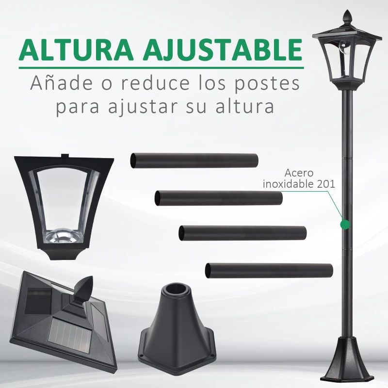 Outsunny Conjunto de 2 Luces Solares para Jardín con Panel Solar Encendido Automático Impermeable IP44 18x18x160 cm Negro