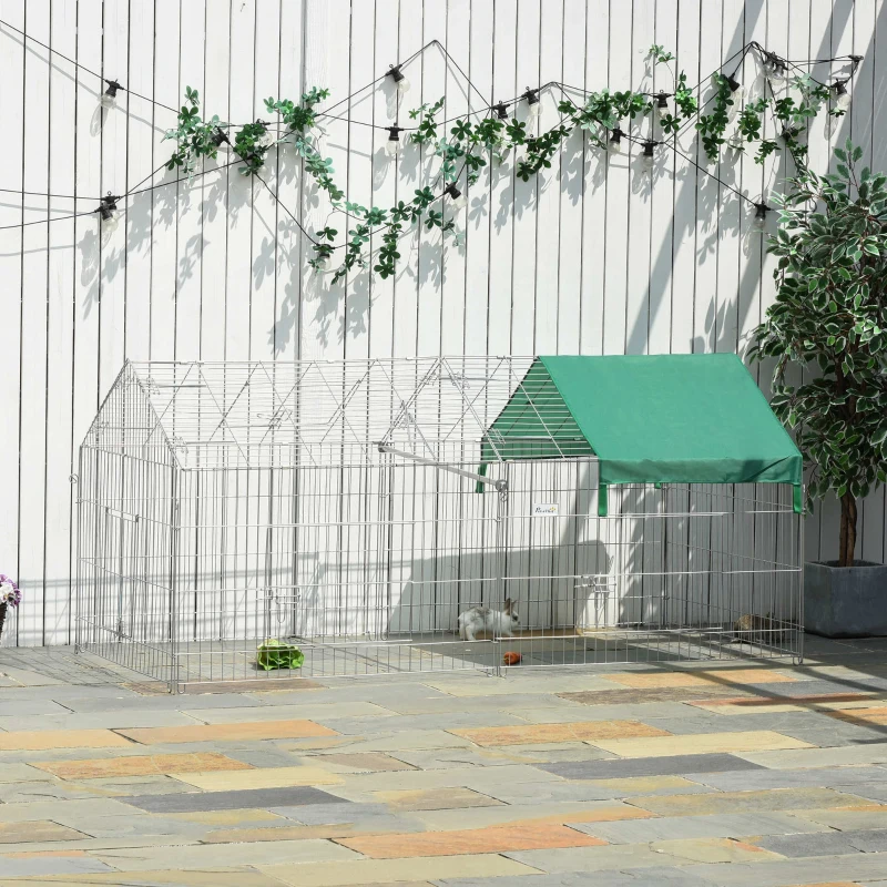 PawHut Gaiola para Animais de Estimação Gaiola para Coelhos e Galinhas com 2 Portas e Proteção Solar 220x103x103cm Prata e Verde