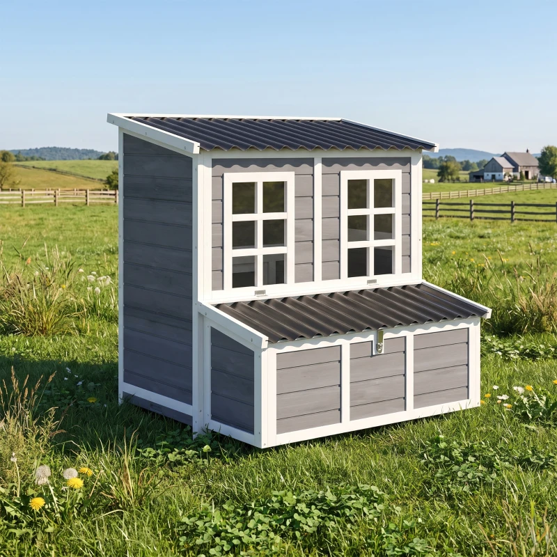 PawHut Poulailler en bois XL avec nichoir 3 compartiments tiroir amovible toit imperméable porte-rampe 100x86x100cm gris