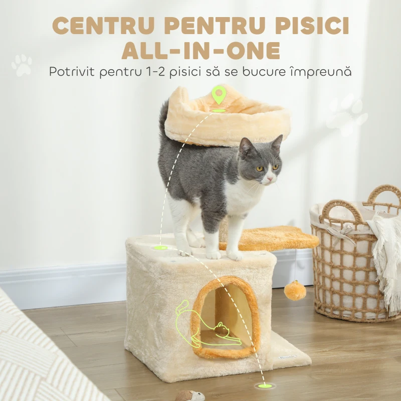 PawHut Ansamblu pentru Pisici cu Platformă și Căsuță, din Lemn, Pluș și Sisal, 40x30x72 cm, Bej și Galben