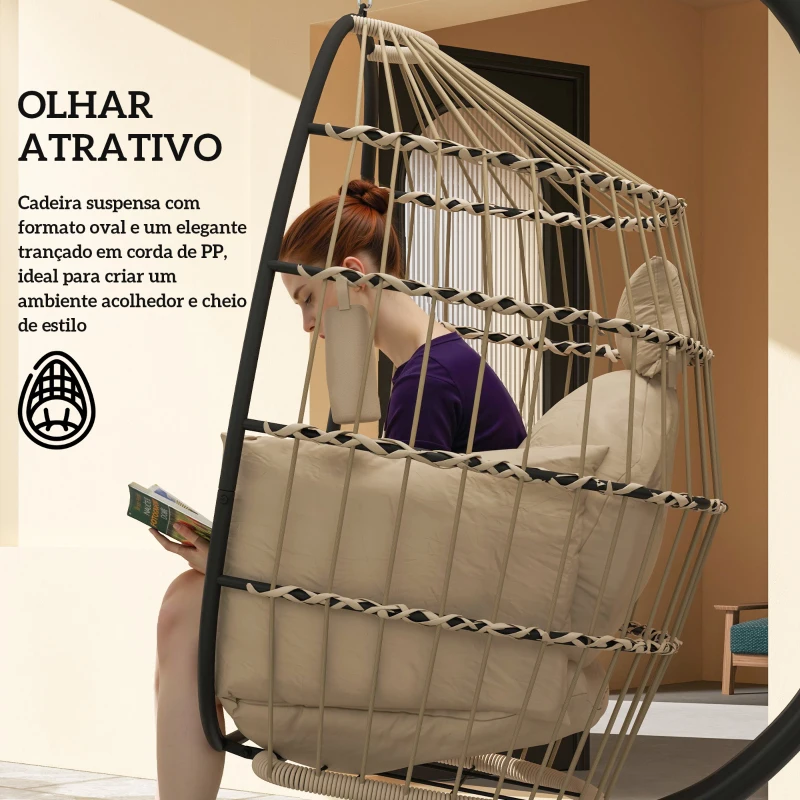 Outsunny Cadeira Suspensa com Suporte Cesta Dobrável Almofada e Encosto para Cabeça Interior e Exterior 120 kg Caqui