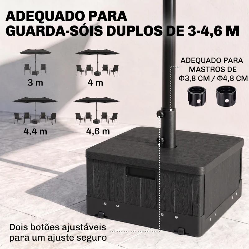 Outsunny Base para Chapéu de Sol  Exterior 3 em 1 Mesa Auxiliar Vaso com Drenagem Recarregável com Areia 80 kg Preto