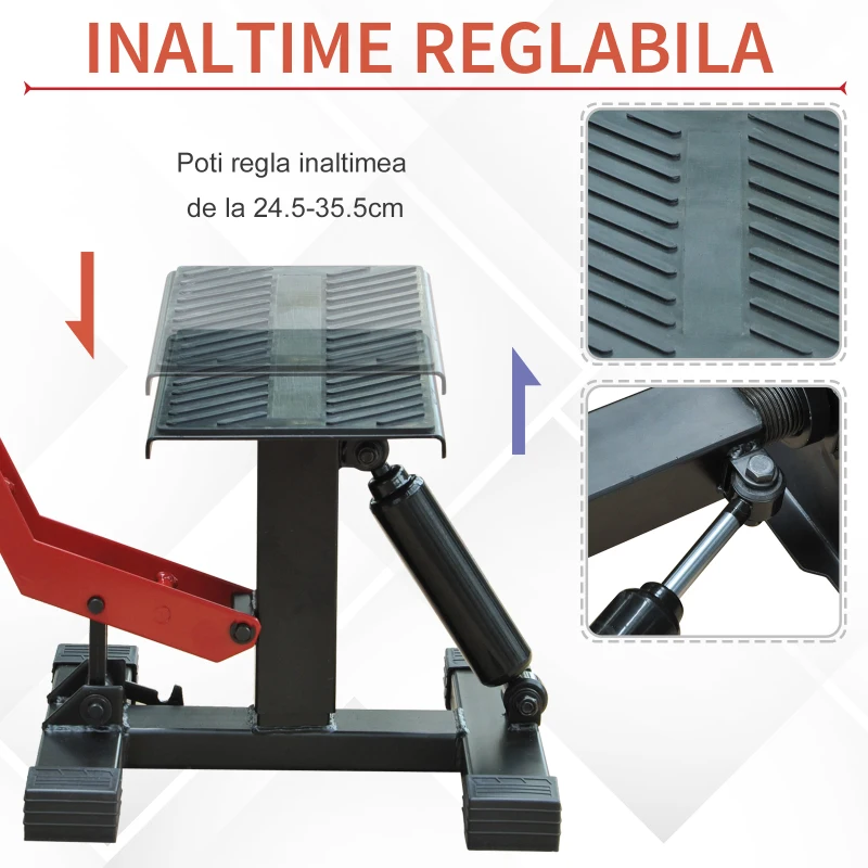 HOMCOM Stand pentru motocicletă reglabil pe înălțime cu manivelă, din oțel și cauciuc, 28x17.5x24.5-35.5 cm, negru și roșu