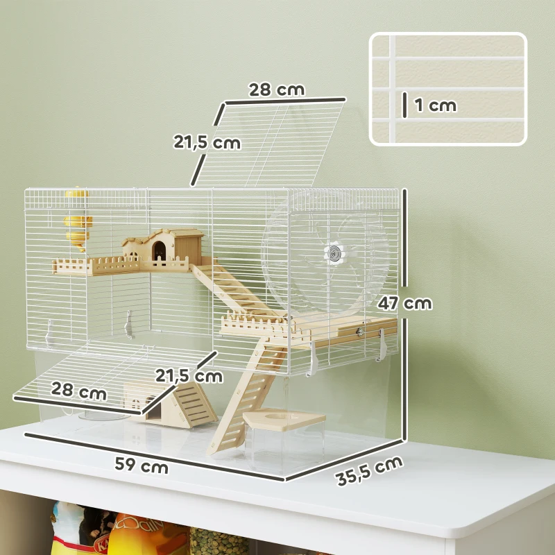 PawHut Cage à hamster à 3 niveaux, cage rongeur avec roue d'exercice, plateau profond transparent, 59 x 35,5 x 47 cm, blanc