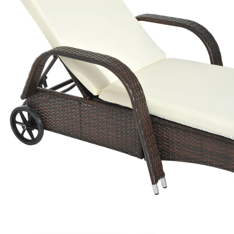 Outsunny Espreguiçadeira de Vime Jardim Espreguiçadeira com Encosto Ajustável em 5 Posições Almofadas Acolchoadas Apoio para a Cabeça e 2 Rodas 200x73x56-103cm Marrom e Bege
