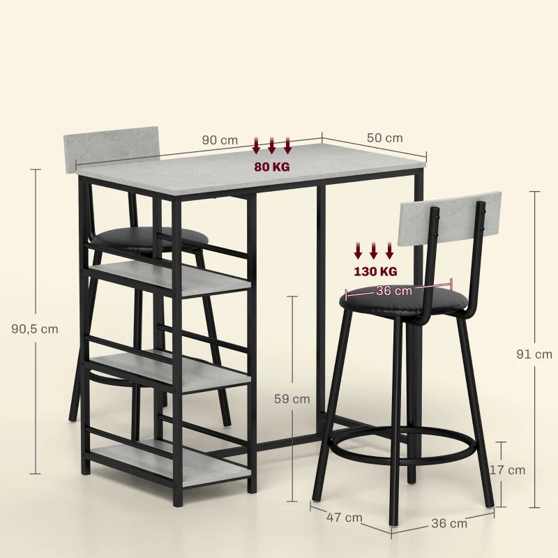 HOMCOM 3-teiliges Ess-Set mit Bartisch und 2 Stühlen, Kleines Küchenset mit seitlichen Regalen, MDF, Metall, Schwarz